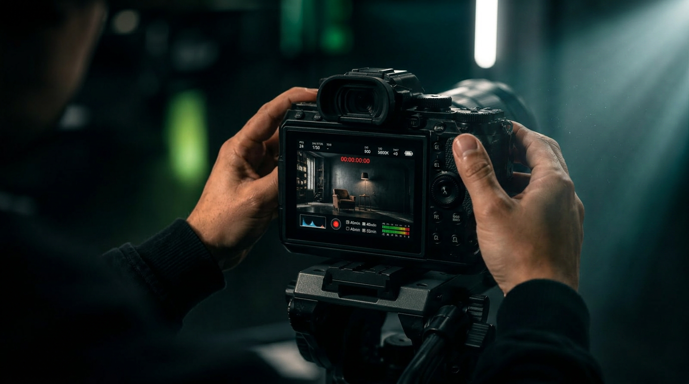 Diretor de fotografia ajustando câmera cinematográfica em estúdio escuro